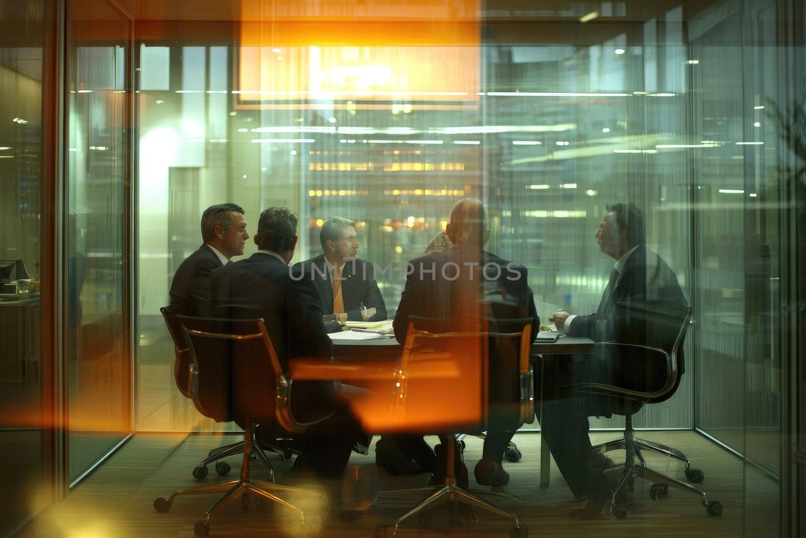 A group of business professionals in suits collaborates in a modern office space, emphasizing teamwork and strategic discussion in a professional environment.