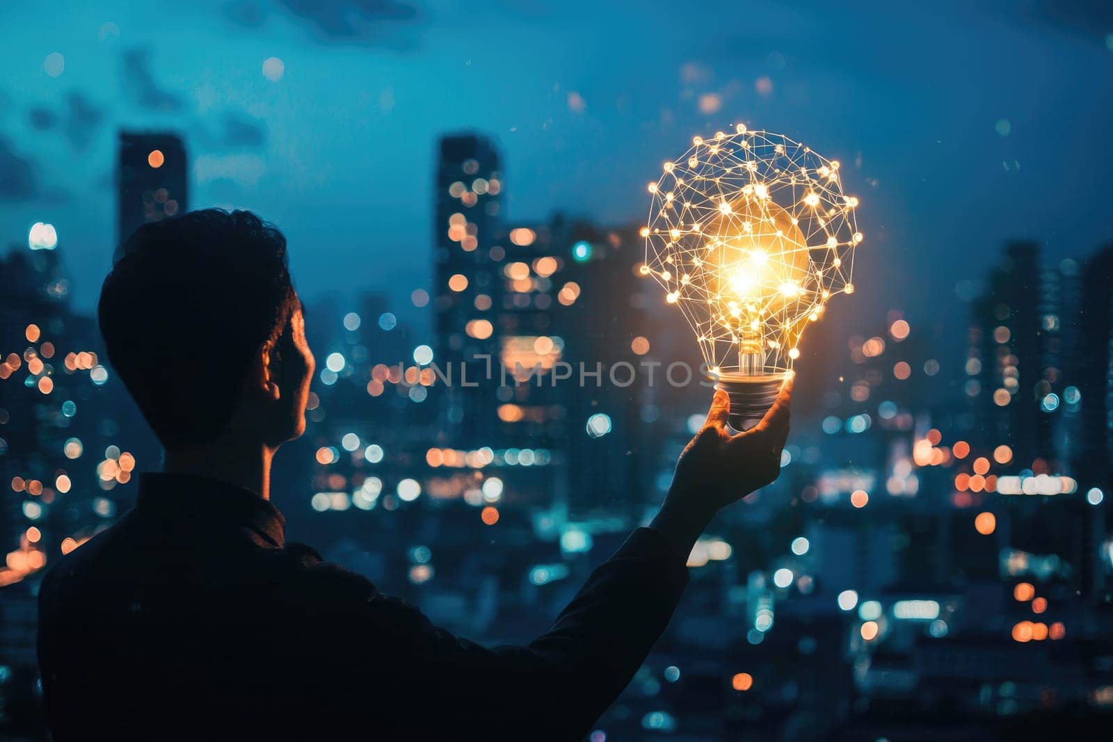 A silhouette of a person holding a glowing light bulb against a vibrant urban skyline, symbolizing creativity and innovation in a modern city.