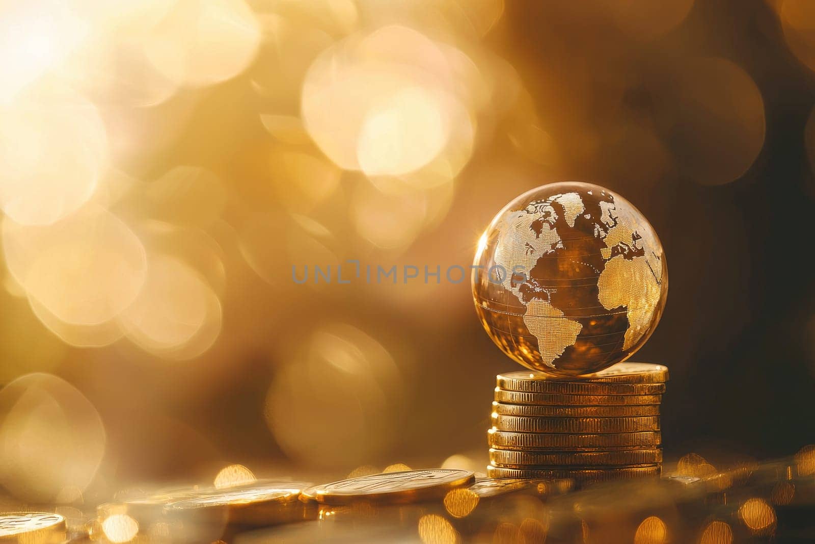 A stunning image featuring a globe elegantly resting on a stack of golden coins, representing wealth and global finance. Perfect for business themes or investment concepts.