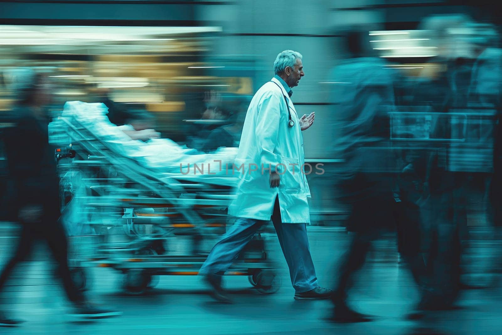 Dynamic shot of healthcare workers moving swiftly through a busy environment, showcasing the urgency and dedication in patient care and medical services.