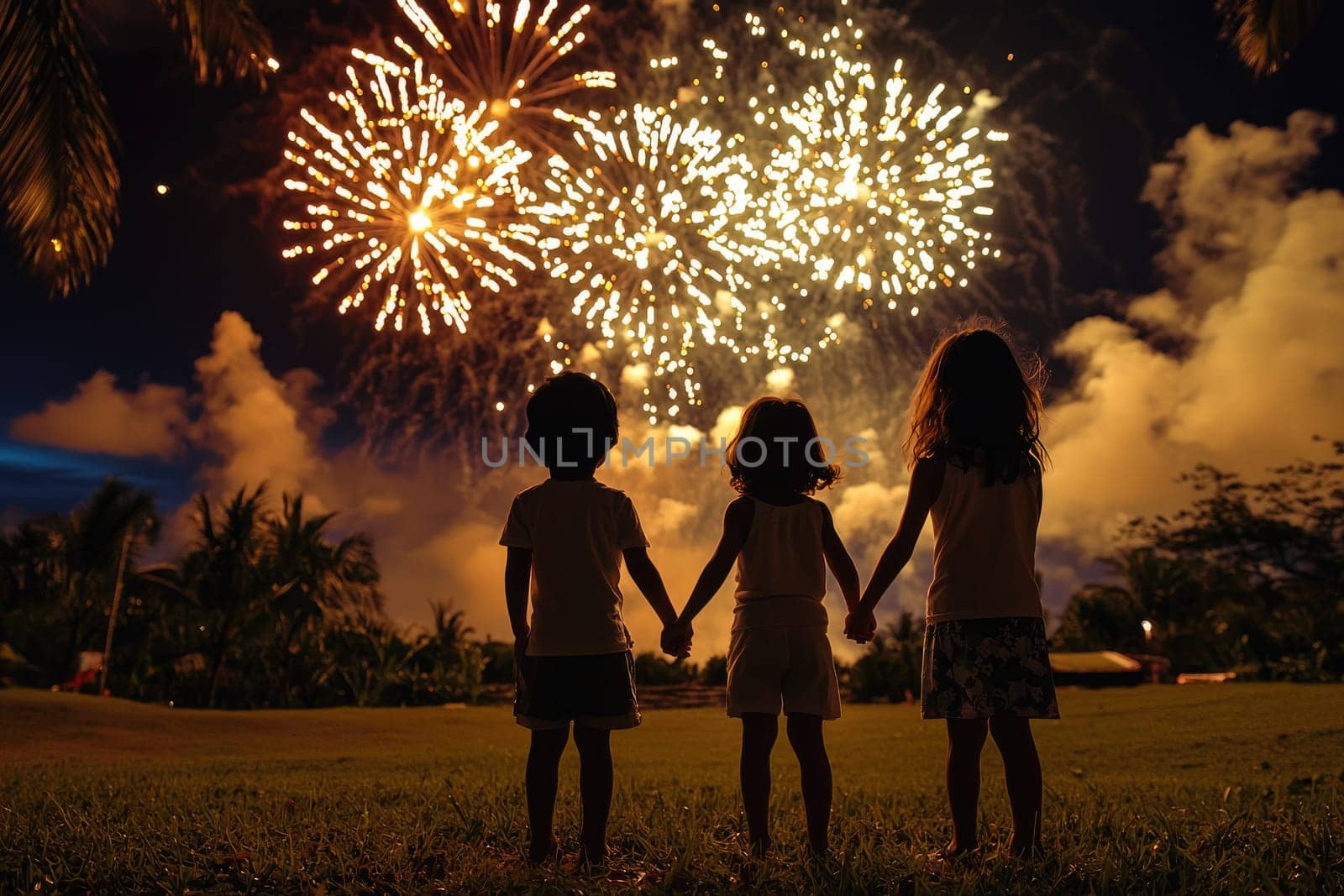 Three kids holding hands enjoy a stunning fireworks display at night. The vibrant colors illuminate the evening sky, creating a magical atmosphere.