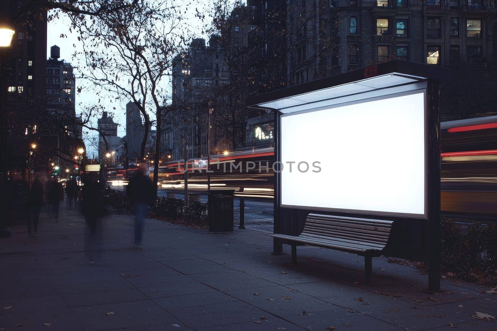 An empty lightbox poster sits at a bus stop bench, surrounded by urban elements. This scene captures the essence of waiting in a busy city at night.
