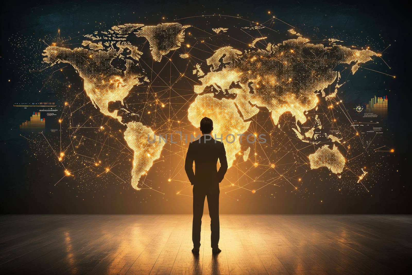 A businessman stands in front of a large, illuminated world map, symbolizing global connections and digital innovation. The image captures a moment of inspiration and strategy in a corporate setting.