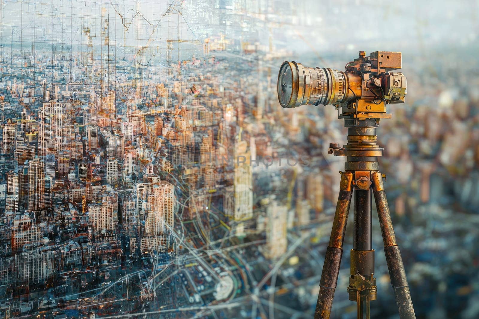 Close-up view of a surveying instrument mounted on a tripod, capturing a detailed aerial cityscape. Ideal for showcasing urban analysis and technology in photography.