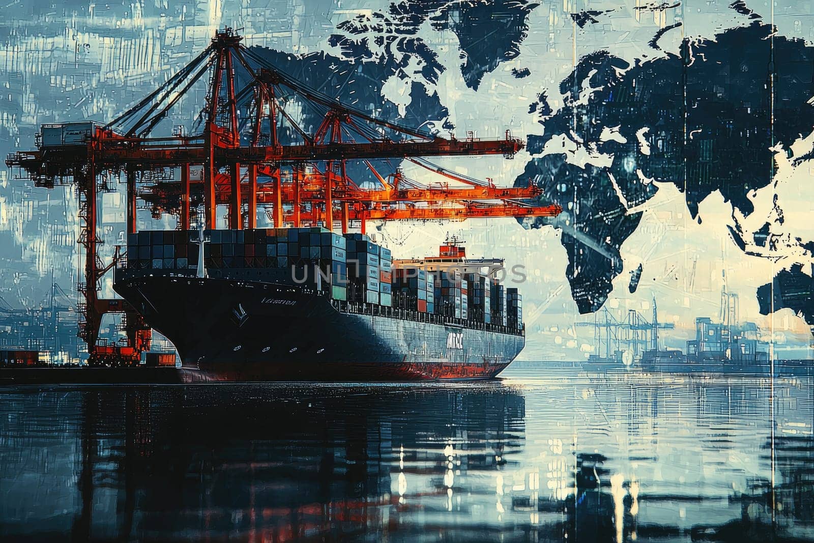 A dynamic view of a cargo ship docked at a busy harbor, showcasing container loading and unloading activities against a backdrop of the world map.