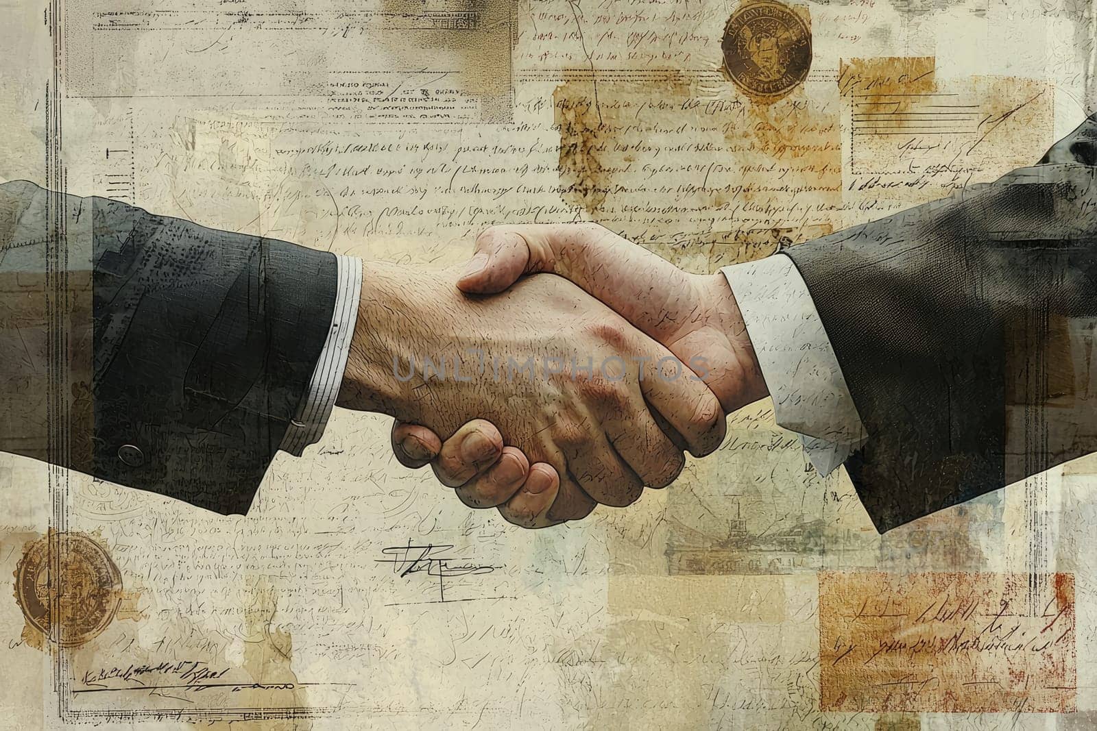 Close-up of hands shaking symbolizes agreement and partnership. The background highlights the essence of signing important contracts, reflecting professionalism and trust.