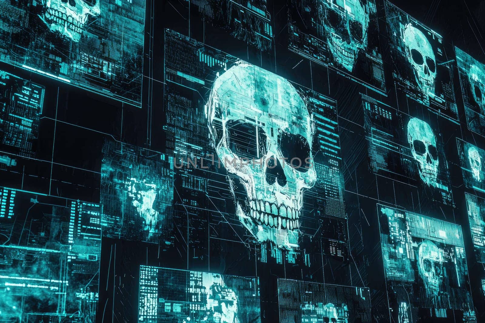 This abstract collage features digital screens displaying hacking alerts and skull imagery, capturing the essence of cyber security and technological threats.