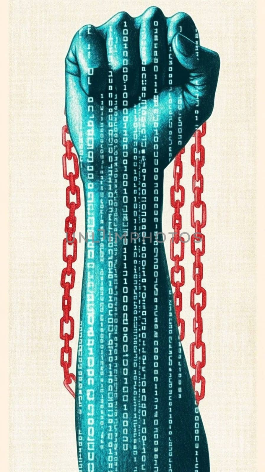 Fist covered in binary code is holding a broken chain, symbolizing the power of technology and the fight against censorship and oppression