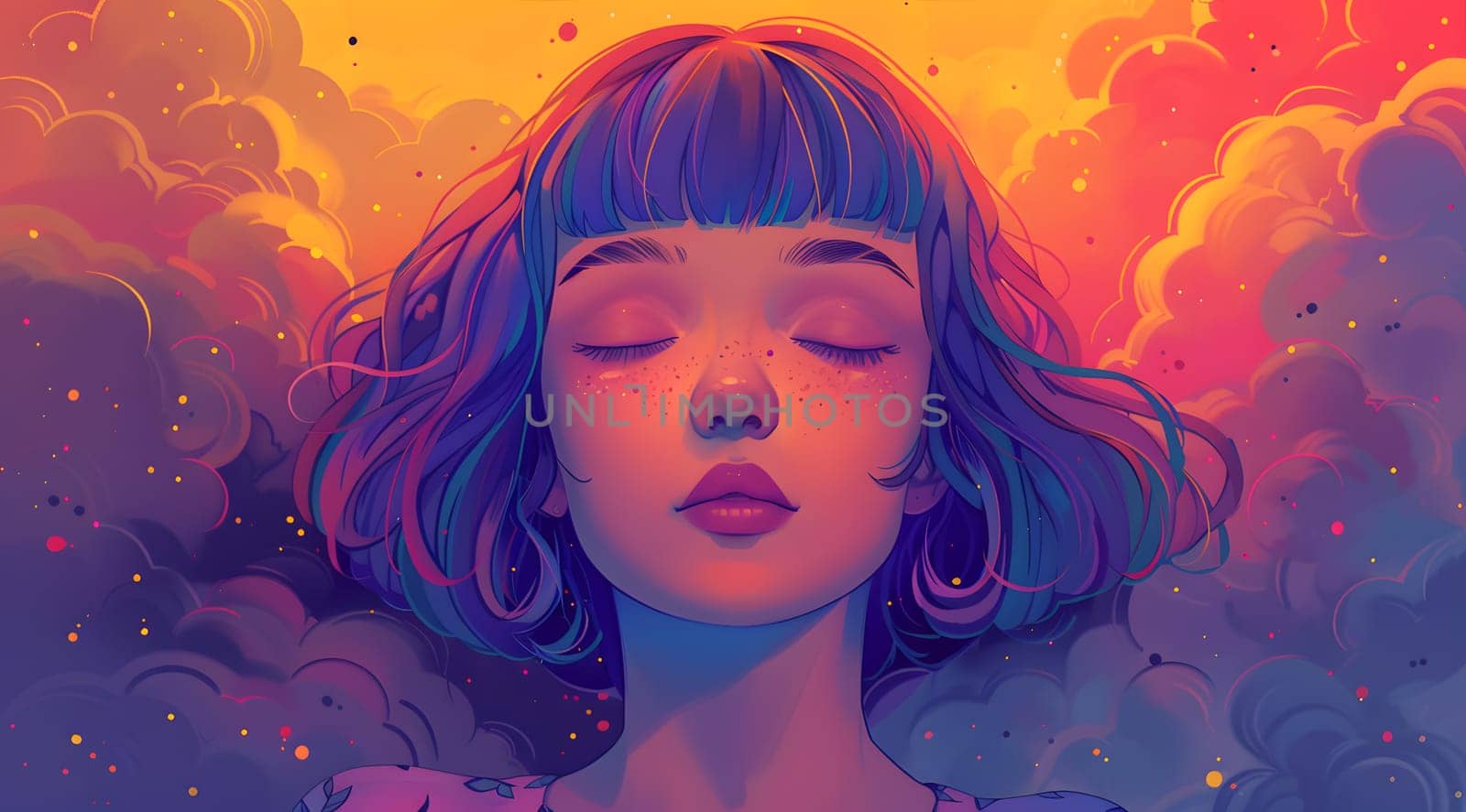 Stylized dreamy art of a girl with closed eyes, surrounded by vibrant colors
