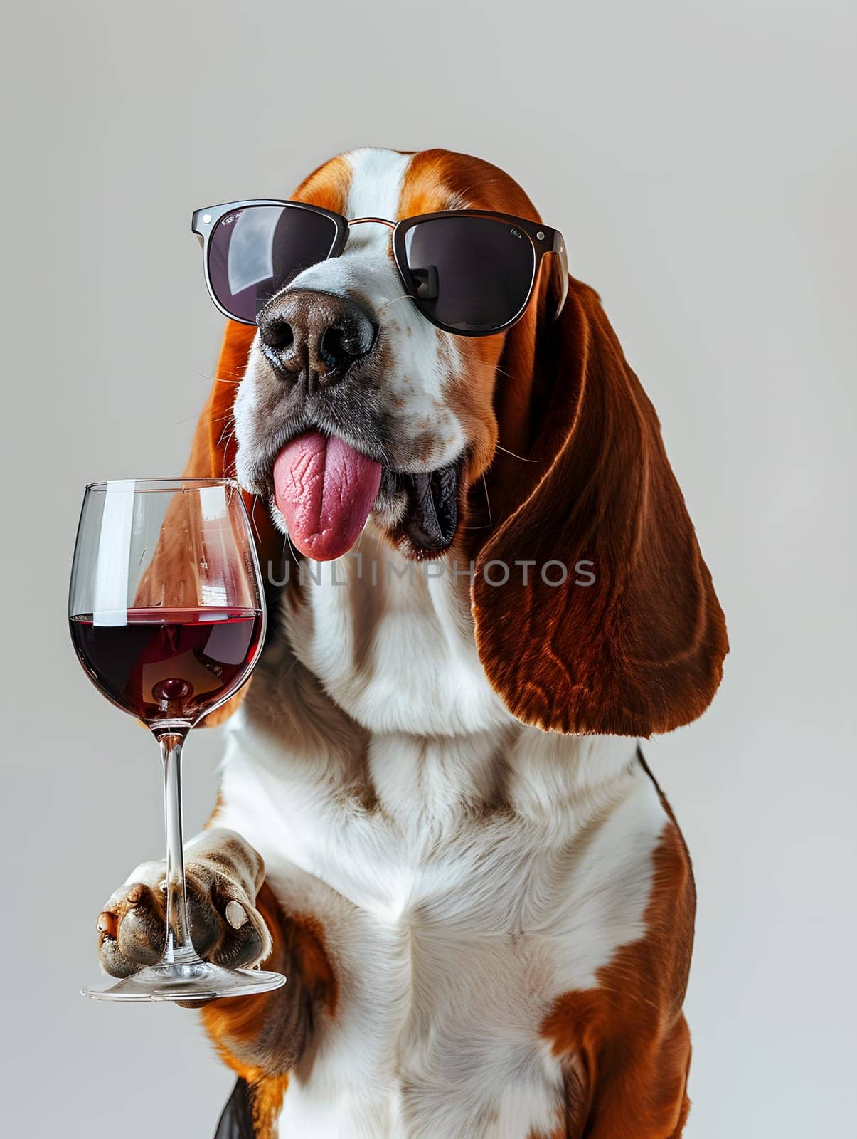 Basset Hound wearing sunglasses holding a glass of red wine playful and cute