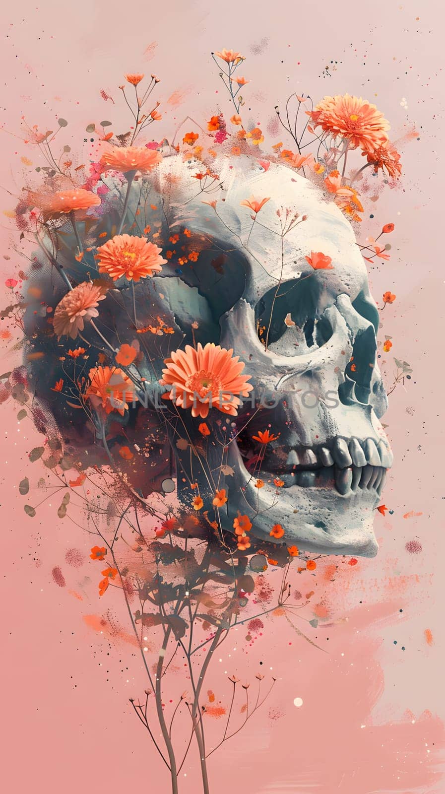 A skull is adorned with flowers in a vase on a pink background, creating a unique and striking piece of art mixing elements of flower arranging and painting