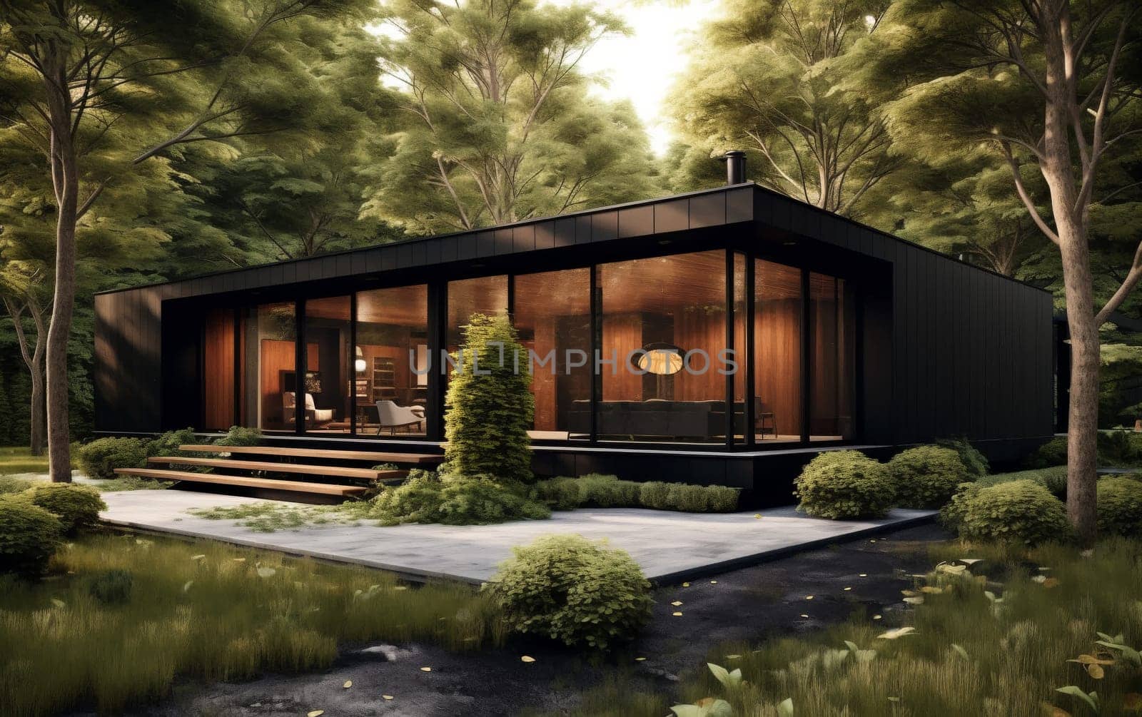 Beautiful modern modular home with wild nature in the background. Modern architecture.