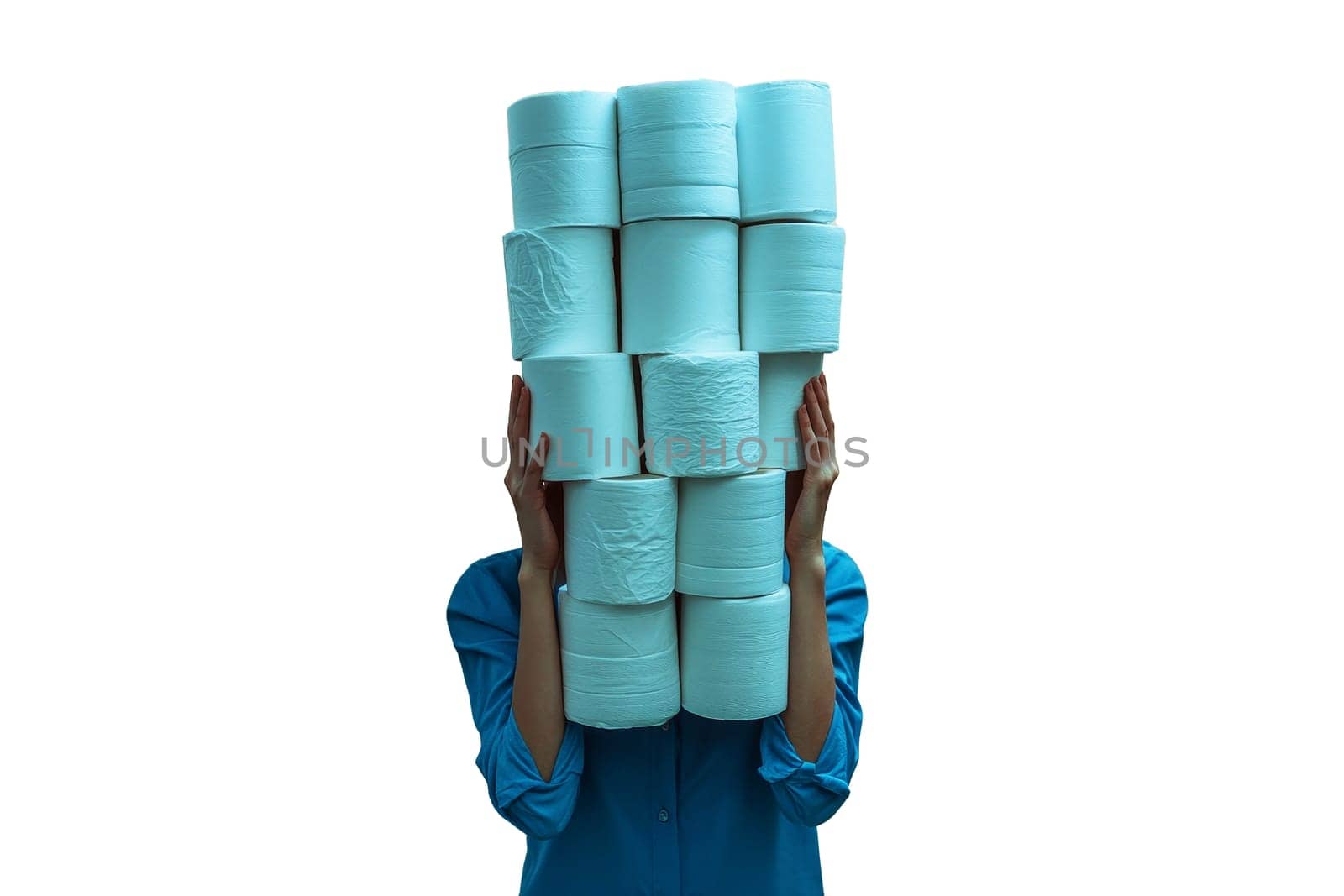 Young woman holds big stack of toilet paper rolls that reach above their head isolated white background . Over consumer society concept. High quality illustration