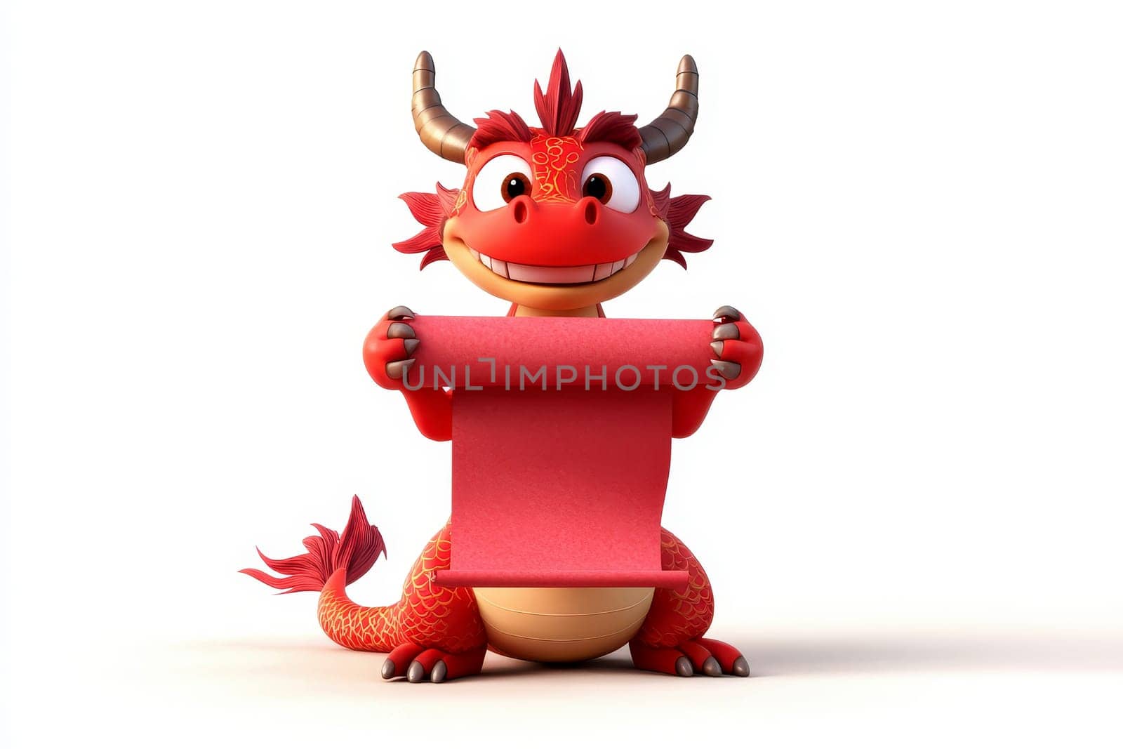 Chinese New Year , dragon cartoon hold red paper scroll in white background. Generative ai.