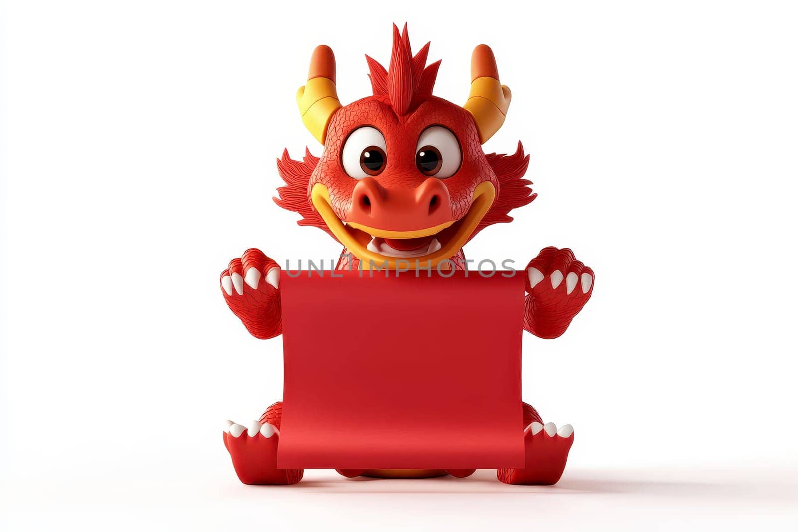 Chinese New Year , dragon cartoon hold red paper scroll in white background. Generative ai.