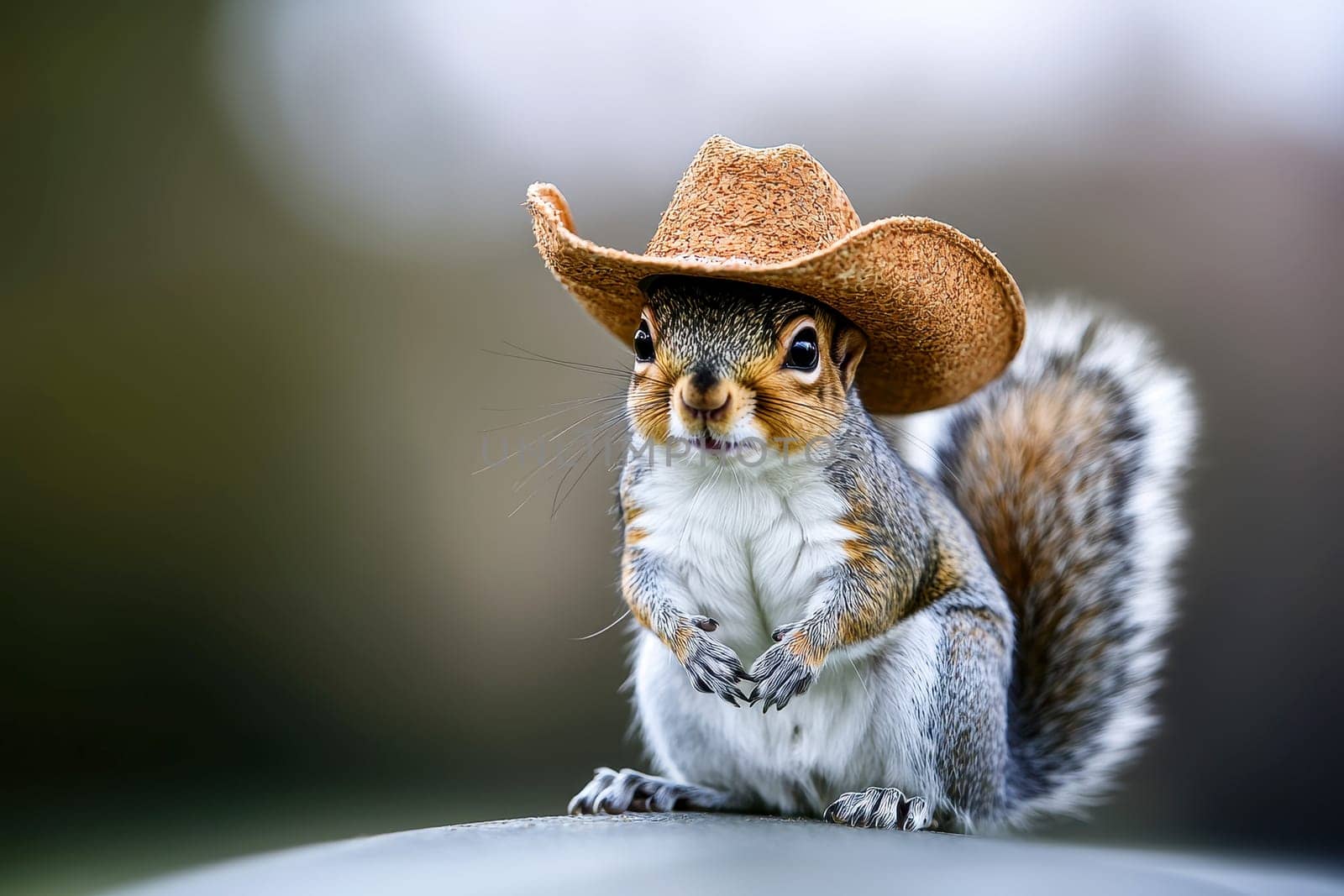 Eastern Gray Squirrel with cowboy hat sitting in natural pose isolated on blur background, photo realistic..