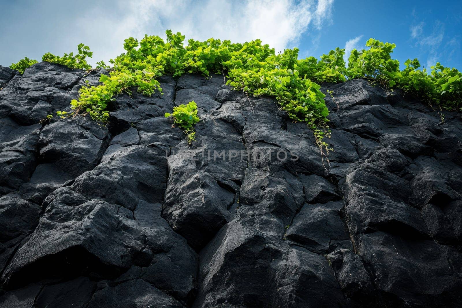 Ivy growing on dark grey cliffs. ai generative..