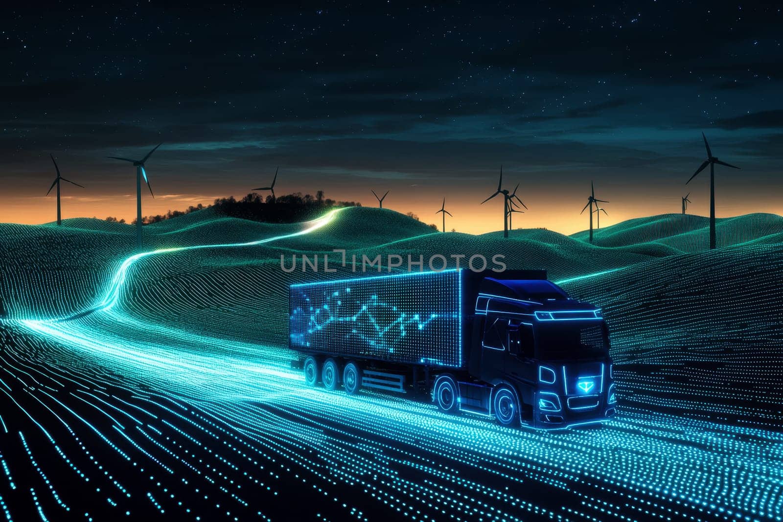 a high-tech truck cruises on a futuristic scene, illuminating the landscape with vibrant colors and showcasing scenic wind turbines..