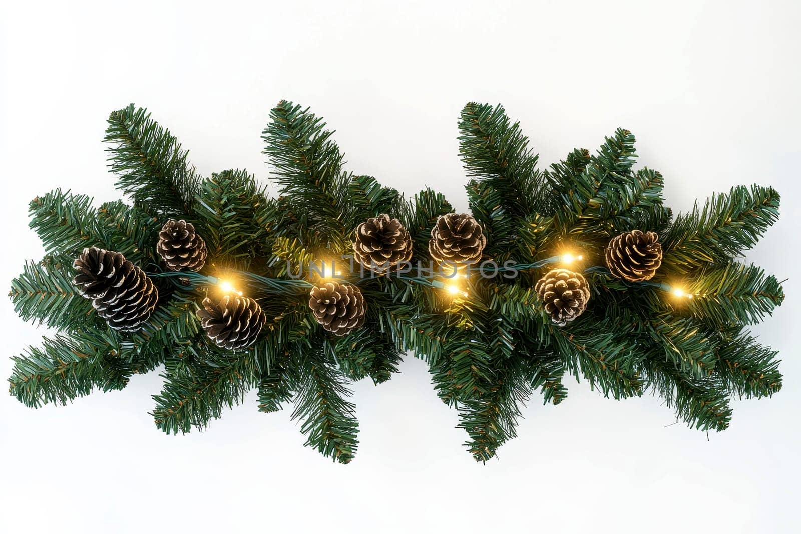 Christmas tree branch garland with cones and lights on white isolated background..