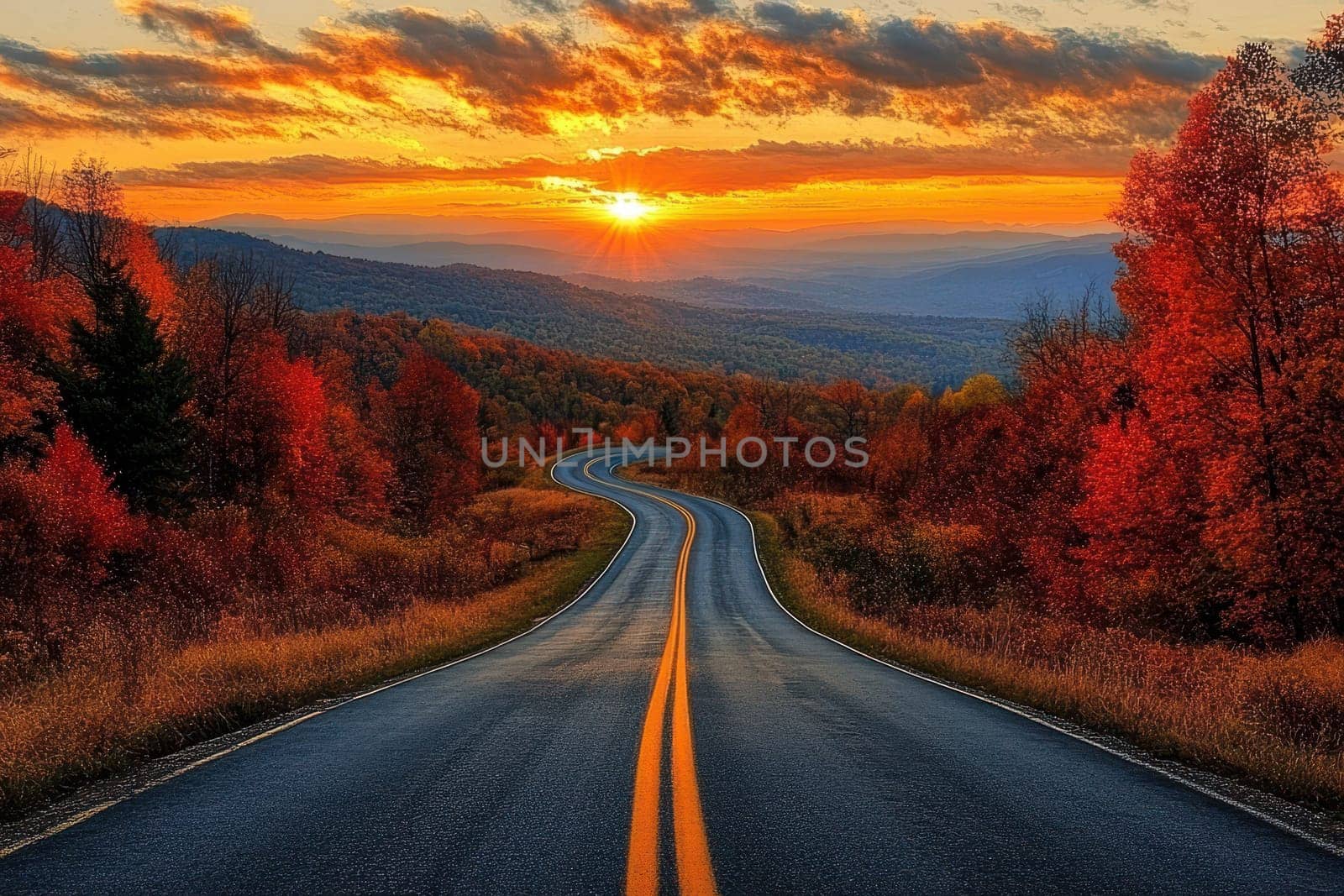 Winding road curves through scenic autumn foliage trees on sunset background..