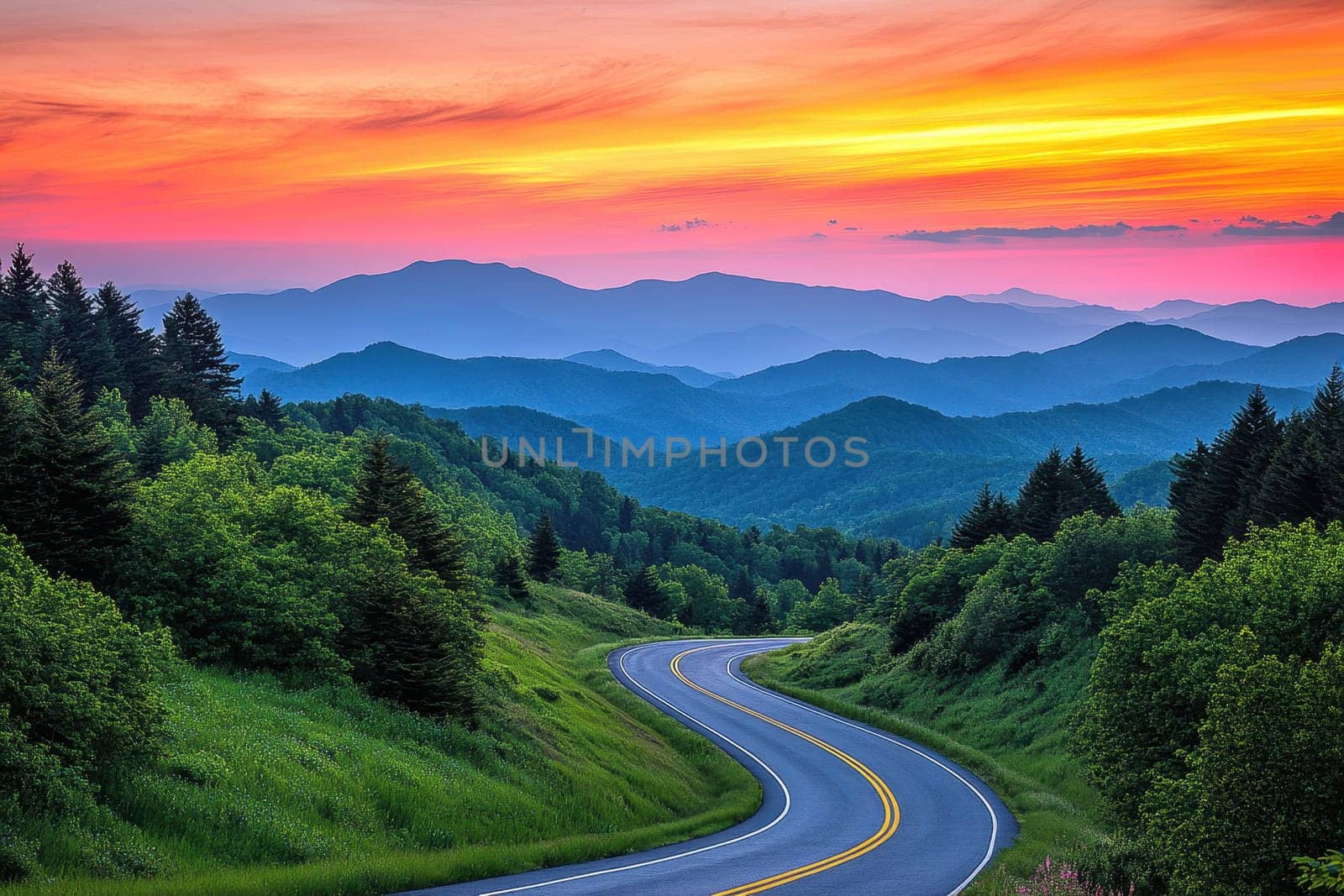 Scenic view of a winding road leading through lush green hills against the backdrop of majestic mountains on a sunny day..