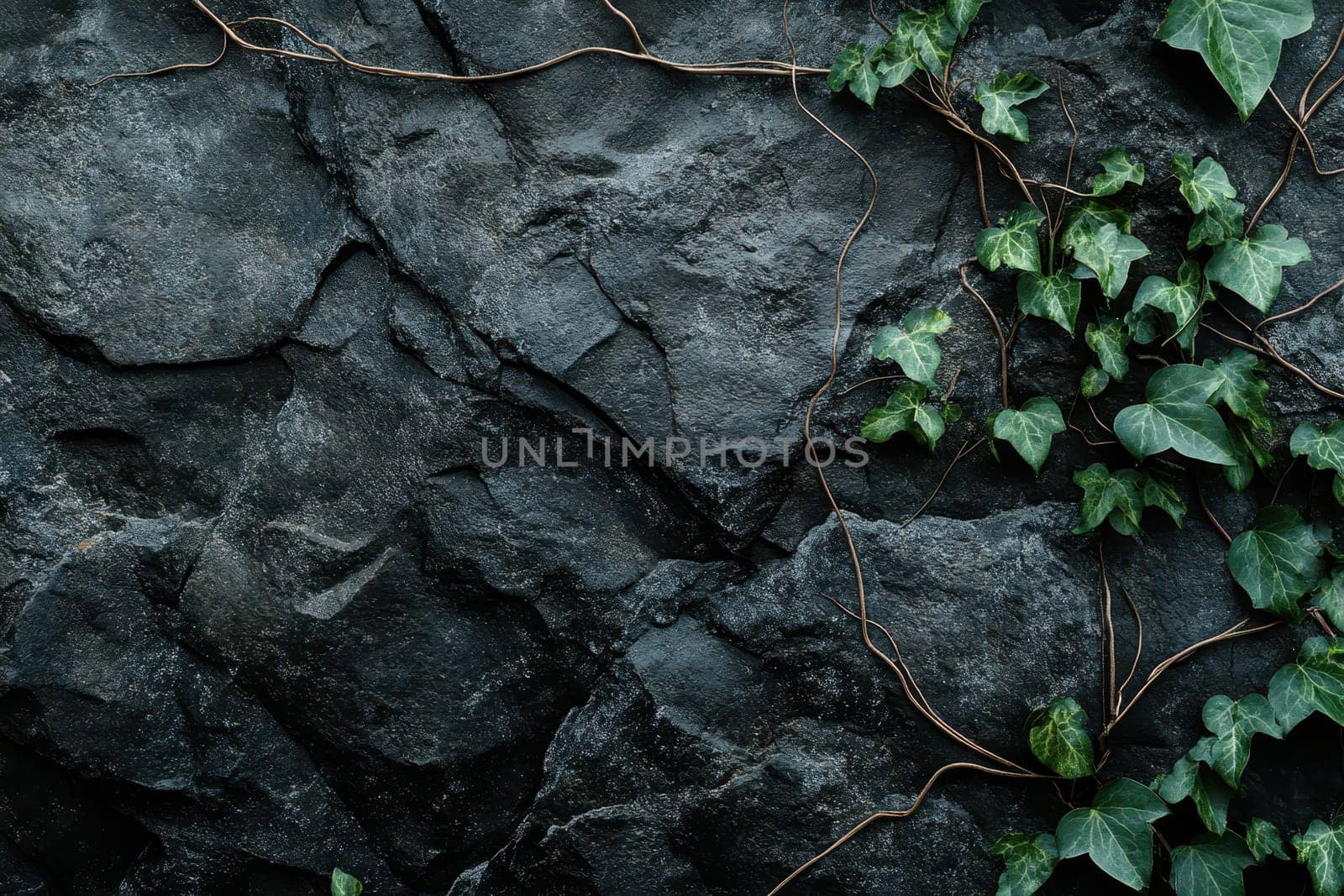 Ivy growing on dark grey cliffs. ai generative..