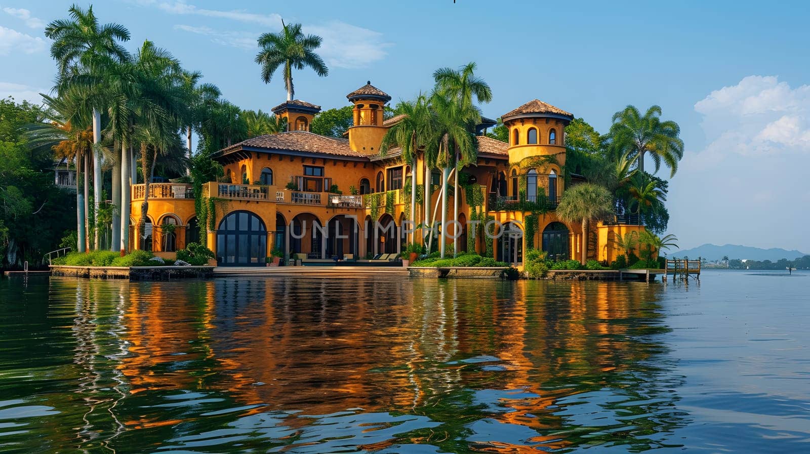 Elegant Mediterranean villa with palms by the water, reflecting on serene surface