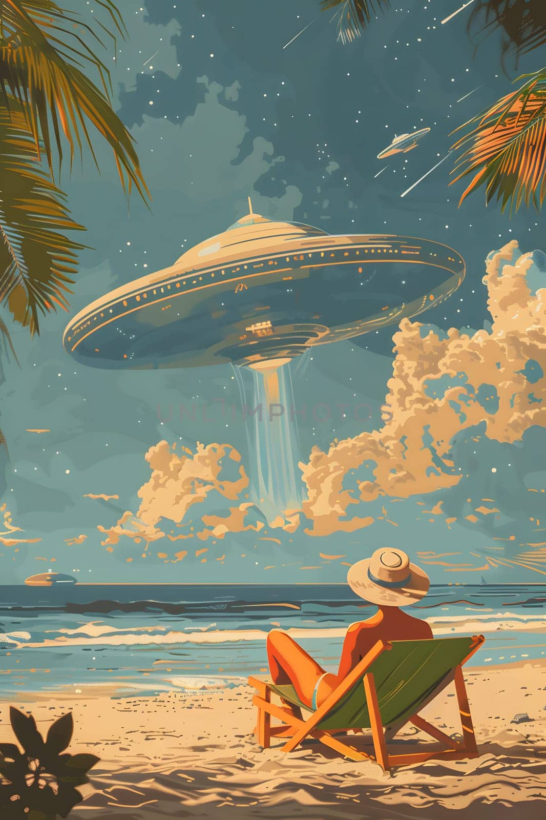 A woman lounges in a wooden beach chair, gazing up at a flying saucer in the azure sky. The orange sun sets behind a tree, while people on the beach enjoy the view