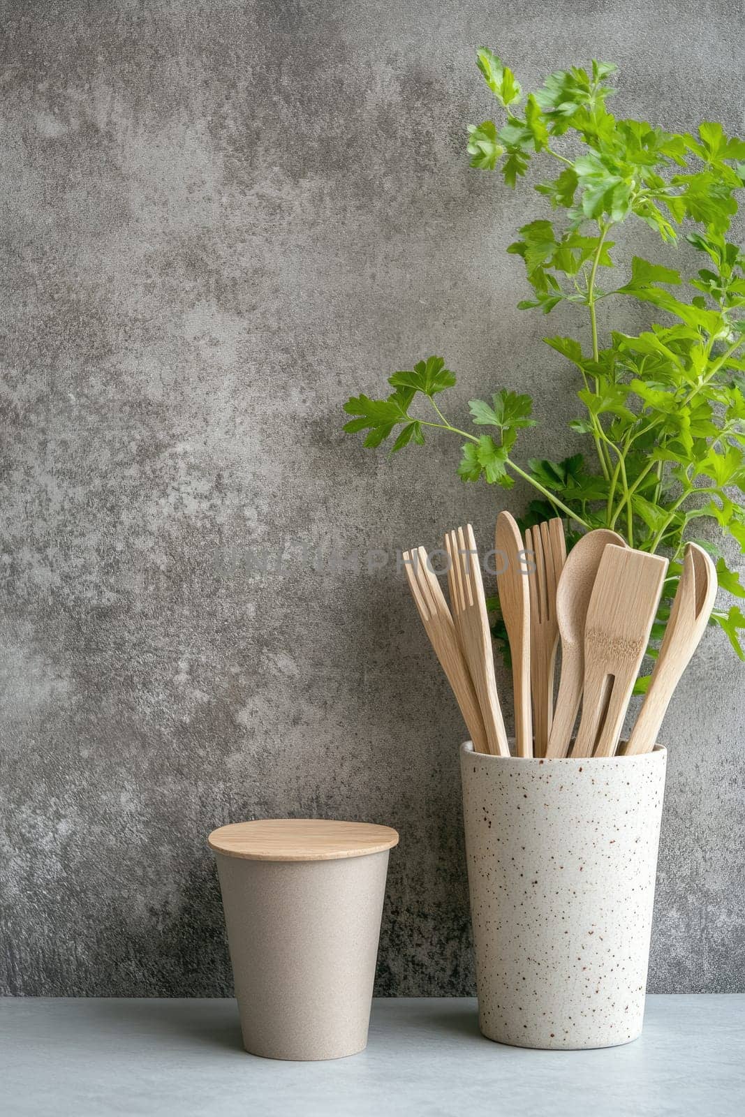 Eco-friendly tools: essential wooden utensils designed for sustainable kitchens, inviting and green culinary space that highlights importance of reducing plastic waste, embracing natural alternatives