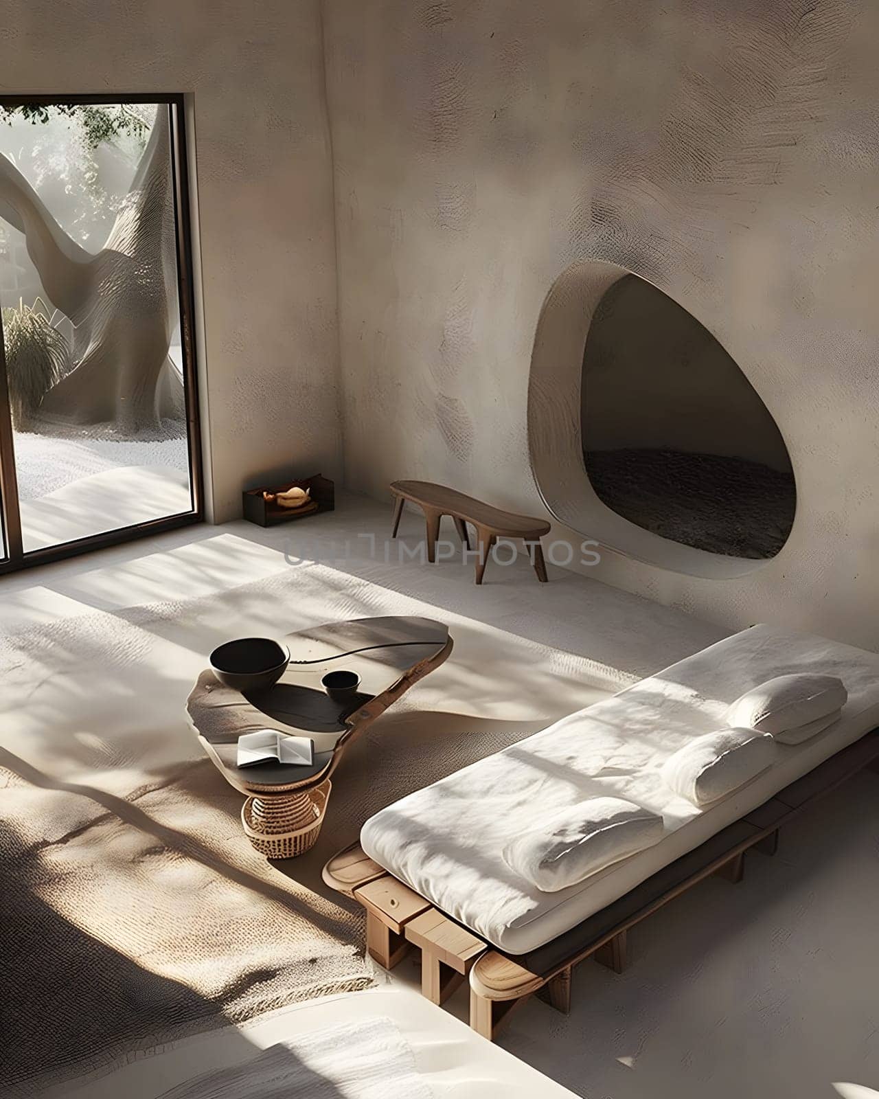 Modern minimalist living room with organic shapes, earth tones, natural light, decor
