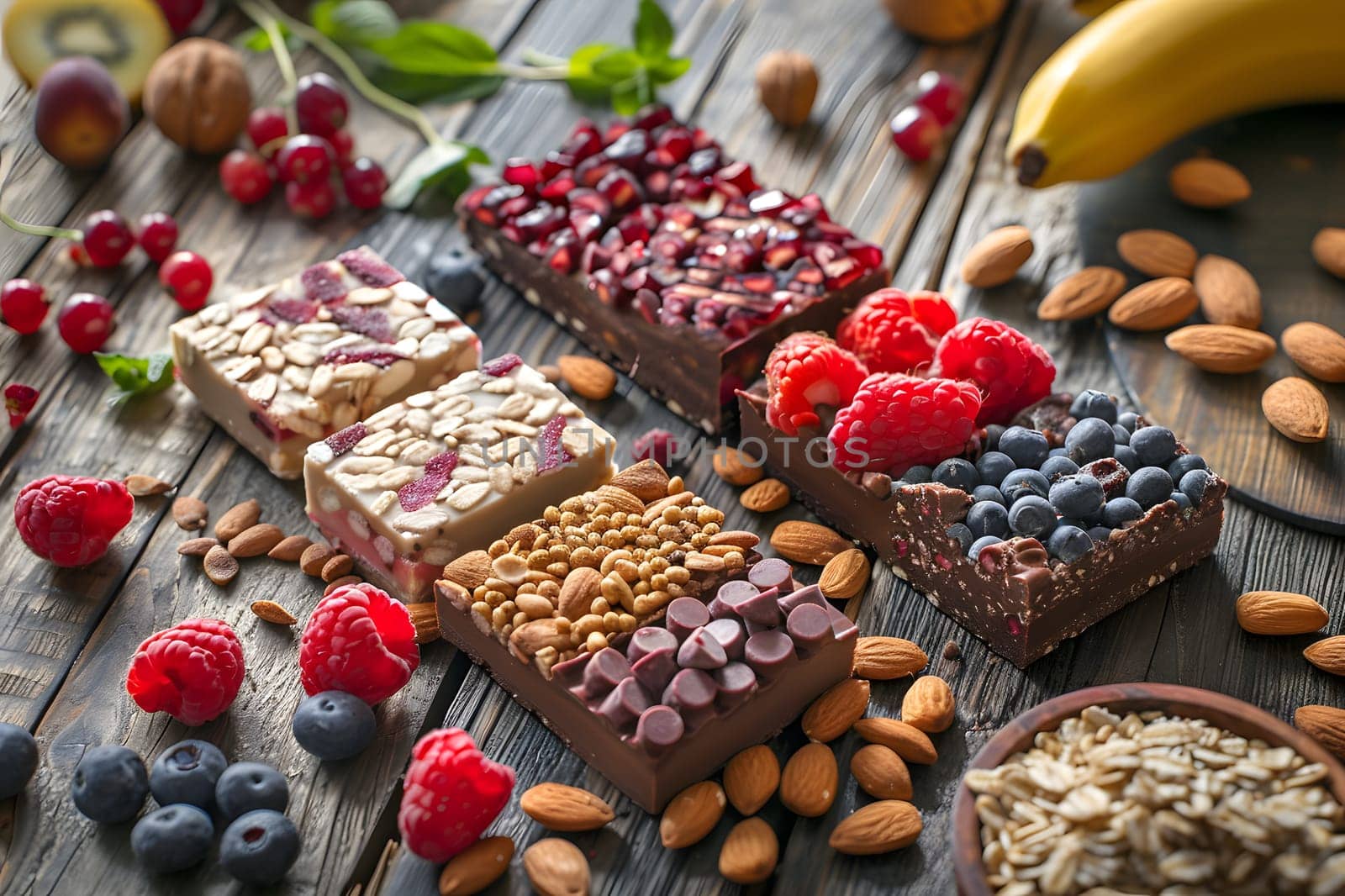 A wooden table is adorned with a variety of healthy snacks made from natural ingredients such as fruits, nuts, and whole foods, showcasing a diverse range of superfoods and baked goods