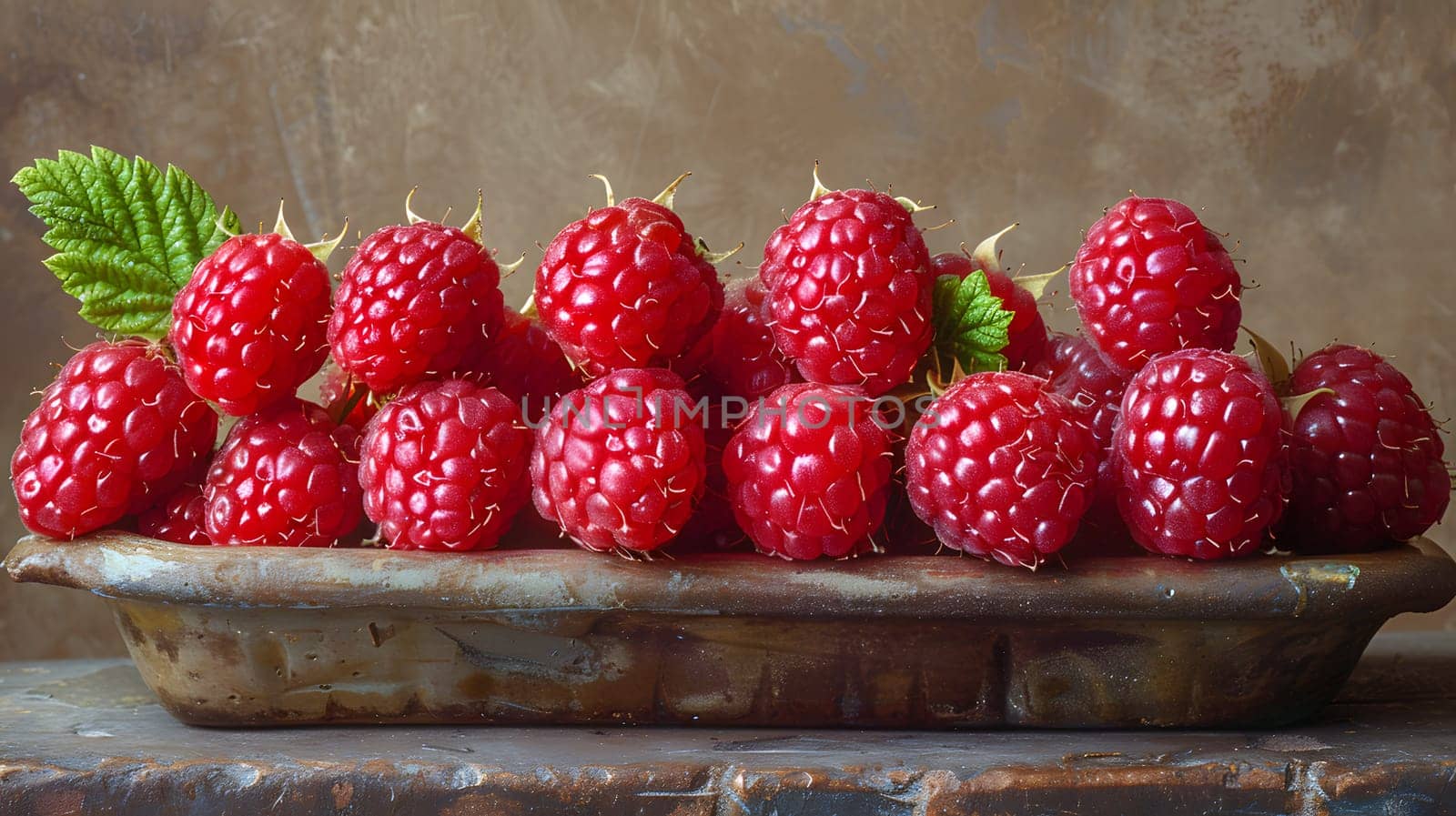 A bowl of Virginia strawberries, a seedless fruit known for being a superfood, with green leaves on a table. A delicious and natural food produce