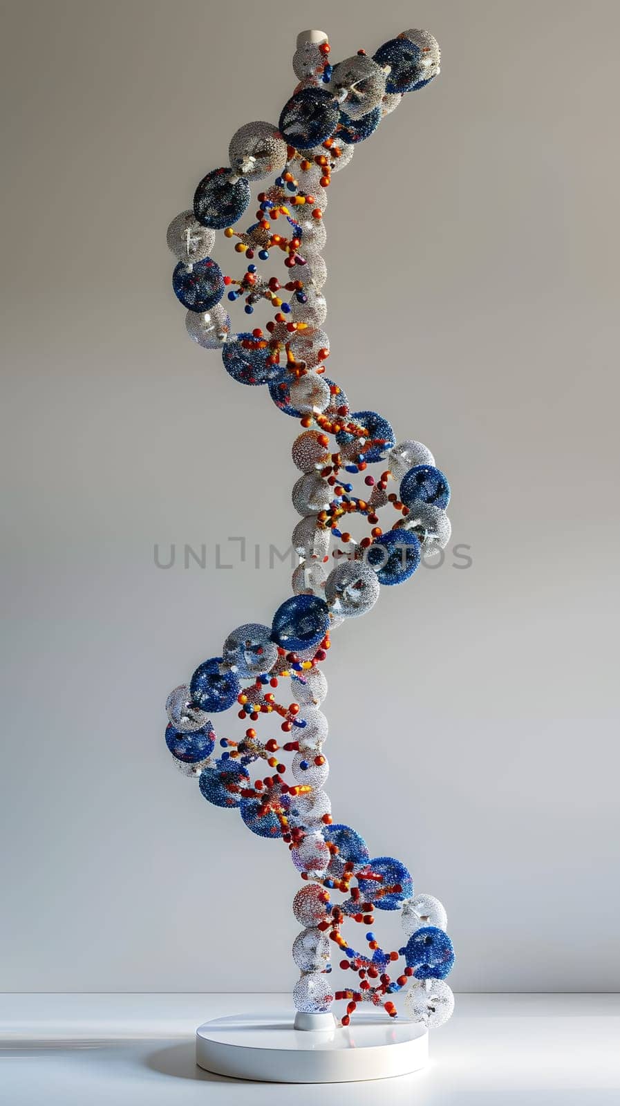 A model of a DNA molecule made from electric blue glass is displayed on a table. The intricate design resembles a body jewelry artifact