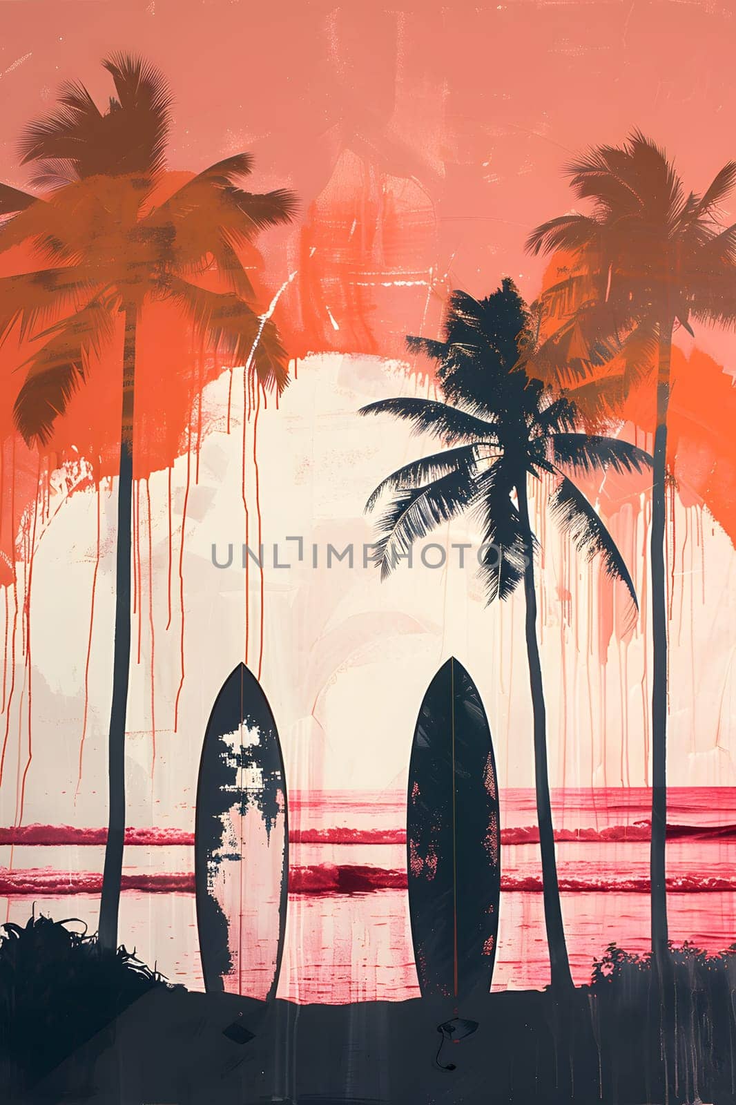 An art piece featuring two surfboards on a sandy beach with palm trees in the background, against a vibrant sky with tints and shades of blue. The landscape captures the essence of a tropical event