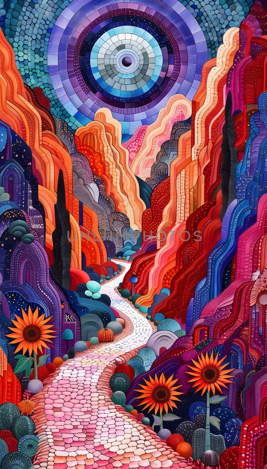 An electrifying painting of a canyon road adorned with vibrant sunflowers in shades of orange, magenta, and electric blue. A stunning blend of art and nature
