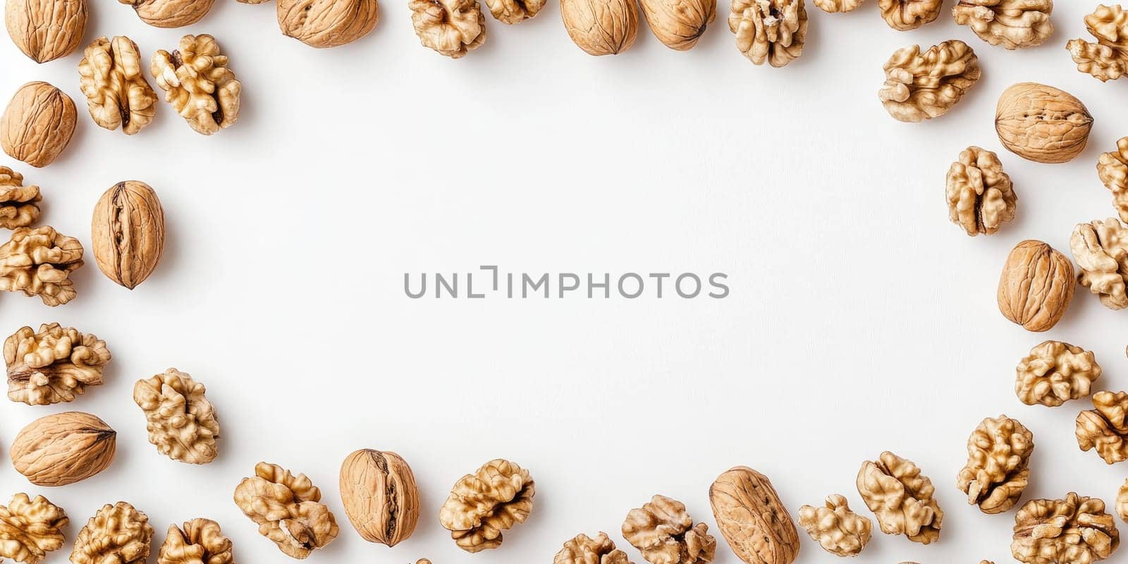 Walnuts arranged neatly in a circular pattern on white background for kitchen decor or health concept.