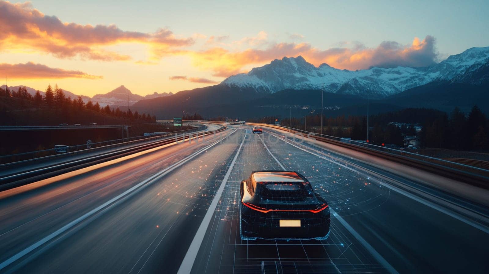 Green electric car is driving itself on a scenic country road at sunset, using artificial intelligence and machine learning