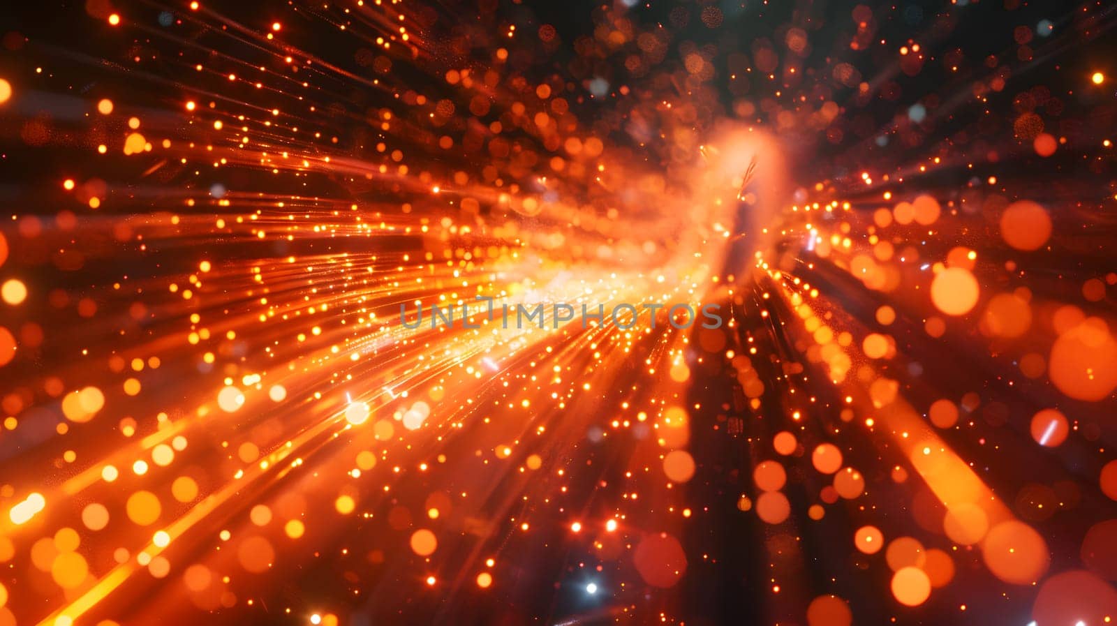 Dynamic bright light streaks and glowing particles create a vivid abstract scene.