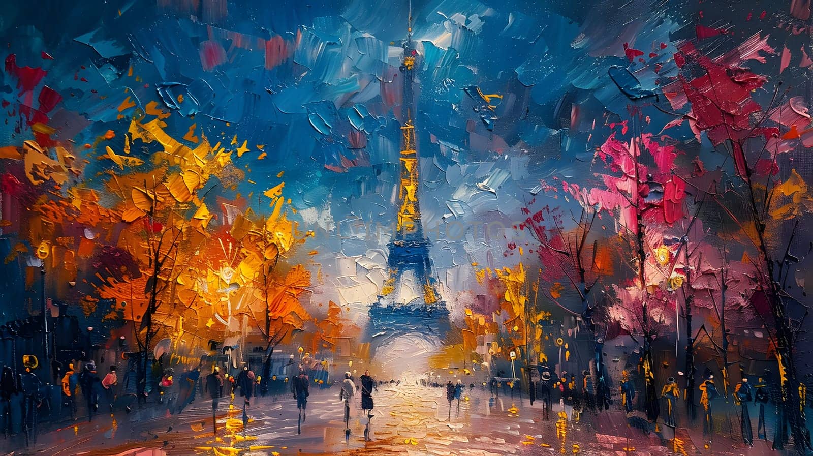 Colorful impressionist depiction of Eiffel Tower in Paris during a romantic evening
