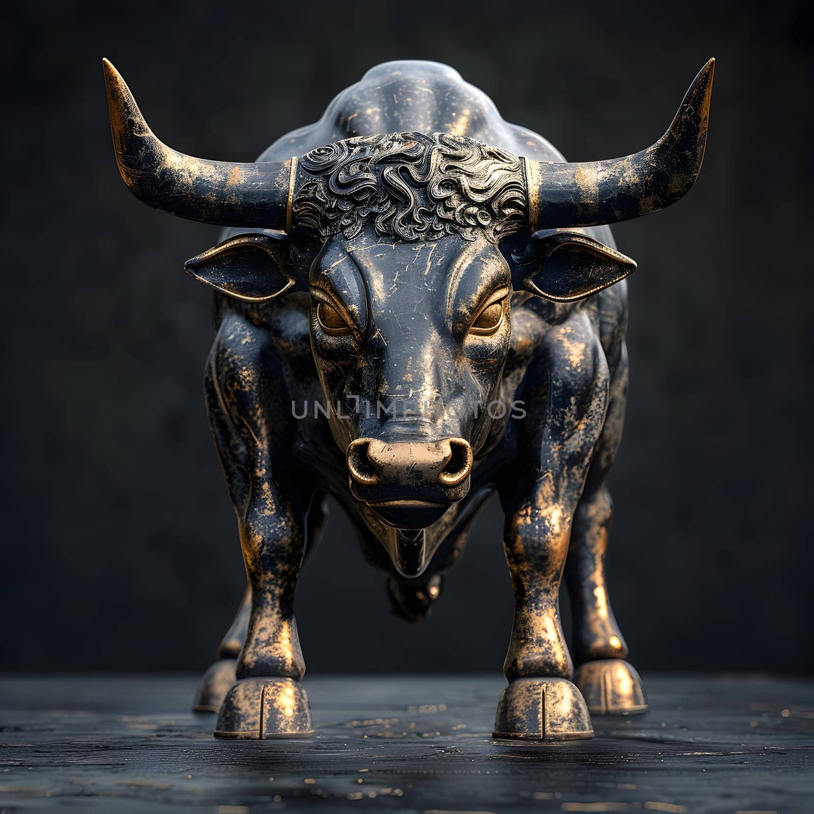 A sculpture of a bull, a working animal with long horns and a snout, made of natural materials, is standing on a table as an art piece