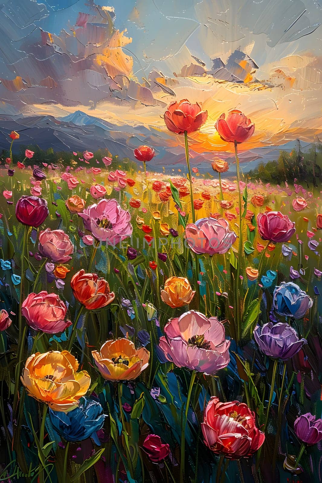 An art piece depicting a vibrant field of colorful flowers with a setting sun in the background, showcasing the beauty of natures botanical diversity