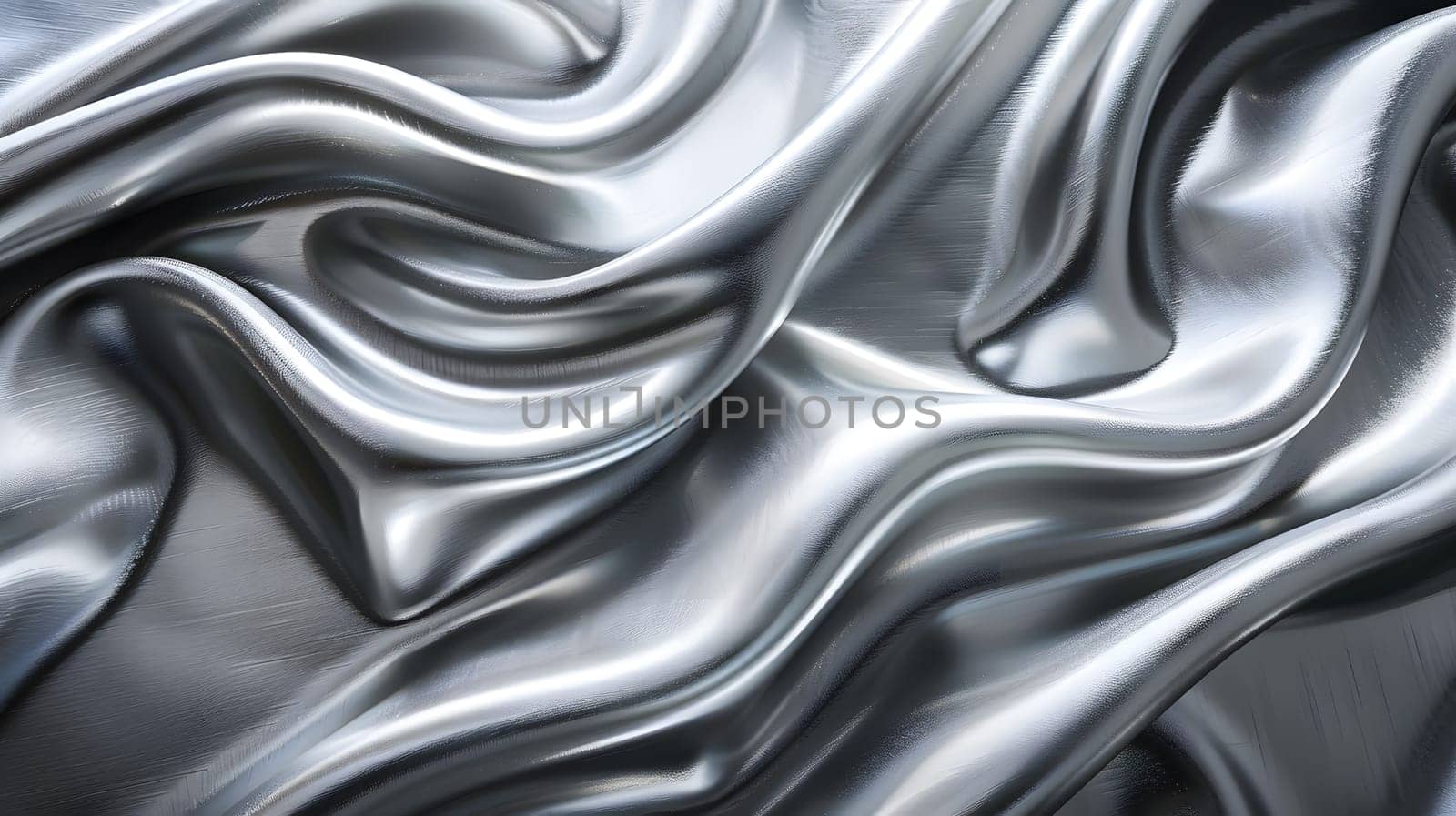 A closeup of a shimmering grey satin fabric with liquidlike waves, creating an artistic visual arts pattern in monochrome and electric blue hues, evoking a metallic silver sheen