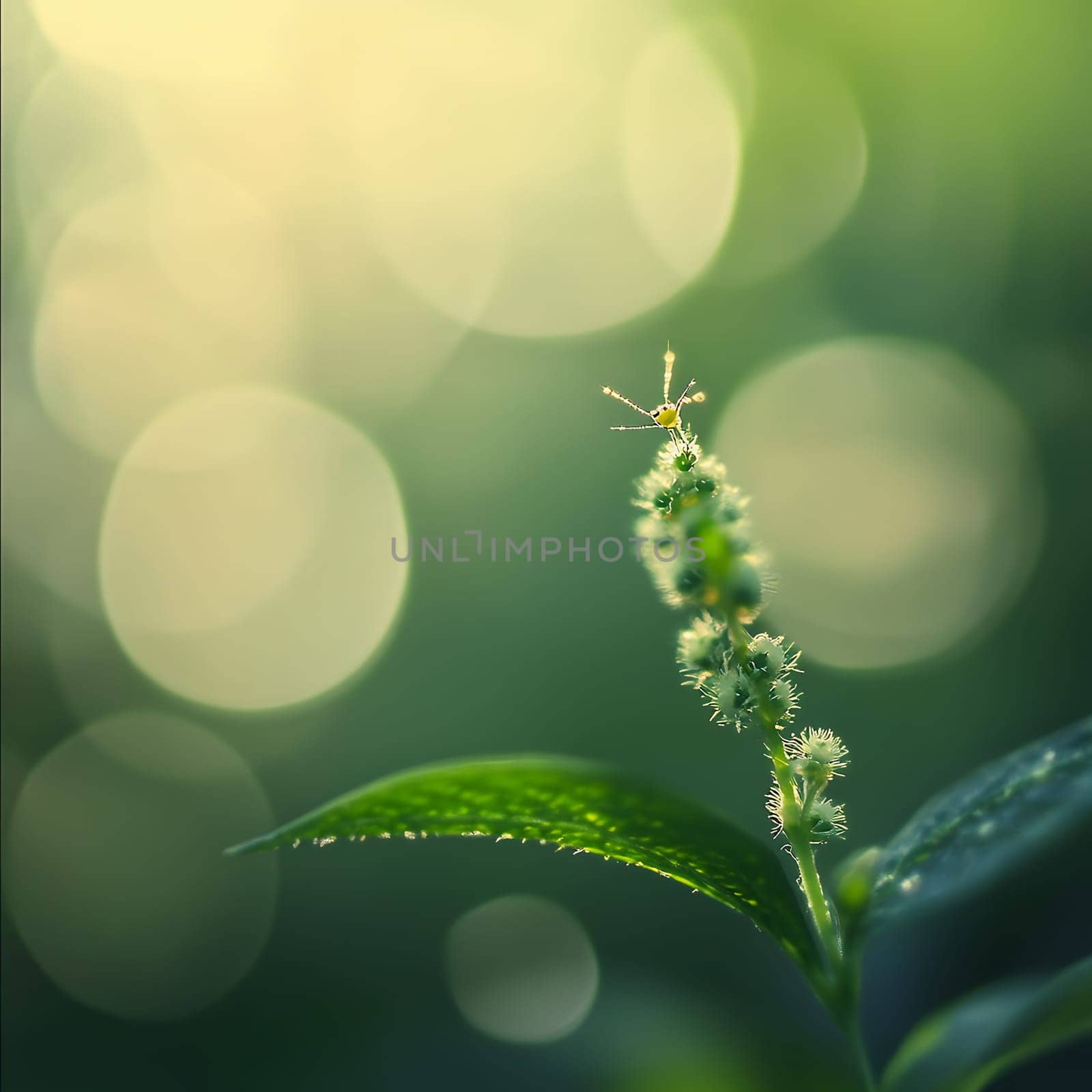 A tiny spider delicately positioned on a leaf against a blurred background, creating a serene natural scene.