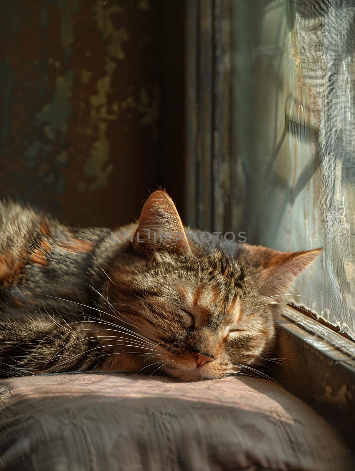 A cute tabby cat is calmly napping in a cozy spot near the window in the sunlight