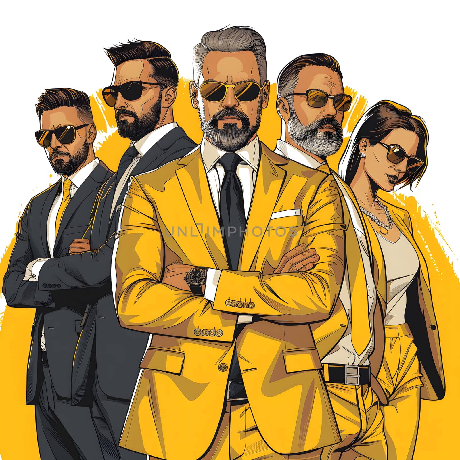 Team dressed in yellow suits and sunglasses radiates confidence and chic style