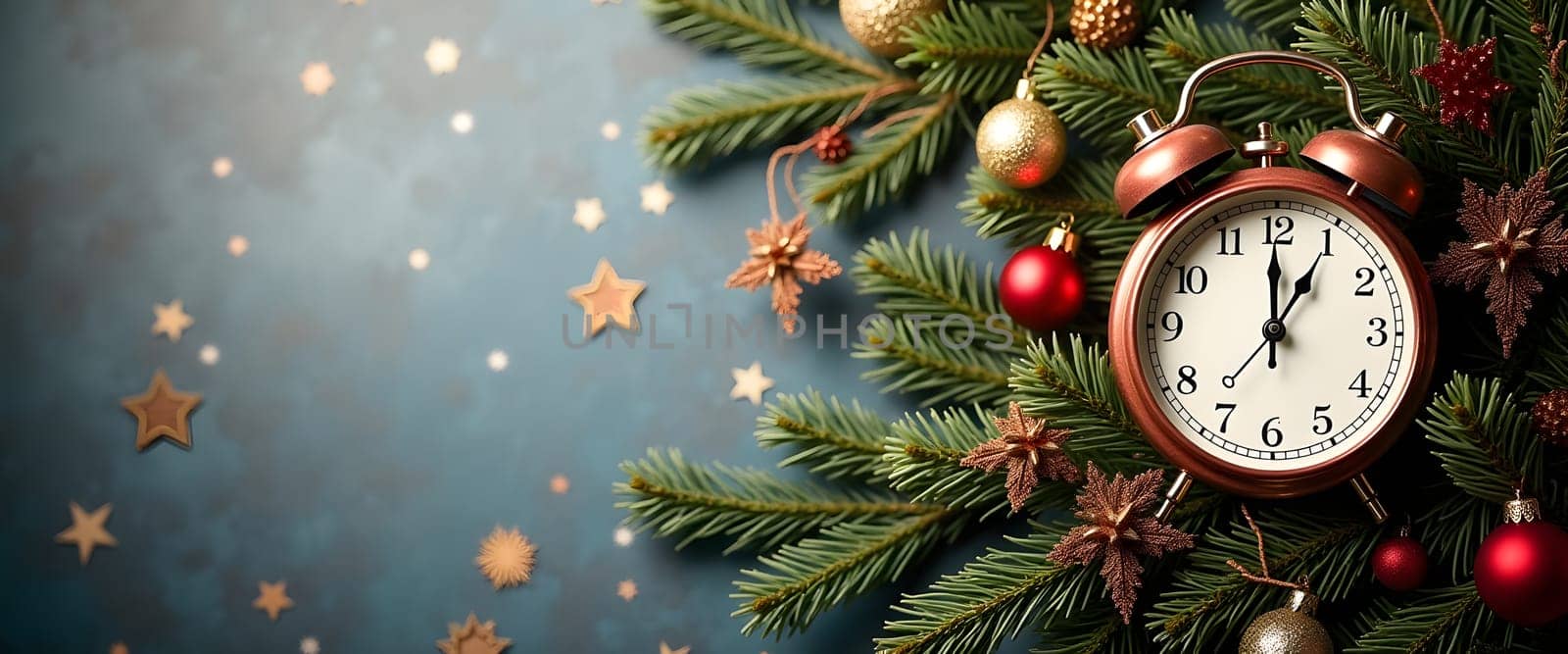 A vintage alarm clock surrounded by fir branches, ornaments, and warm Christmas lights. This festive composition brings a sense of nostalgia and warmth, perfect for capturing the holiday spirit
