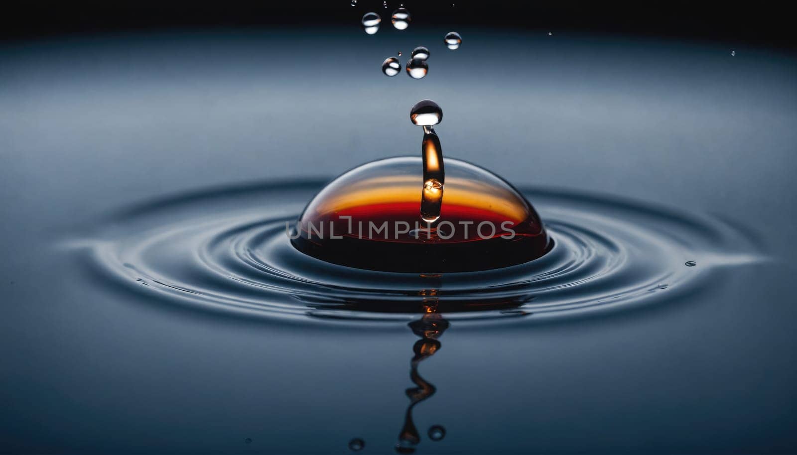 A water droplet falls into still water, creating a spherical bubble and concentric ripples.