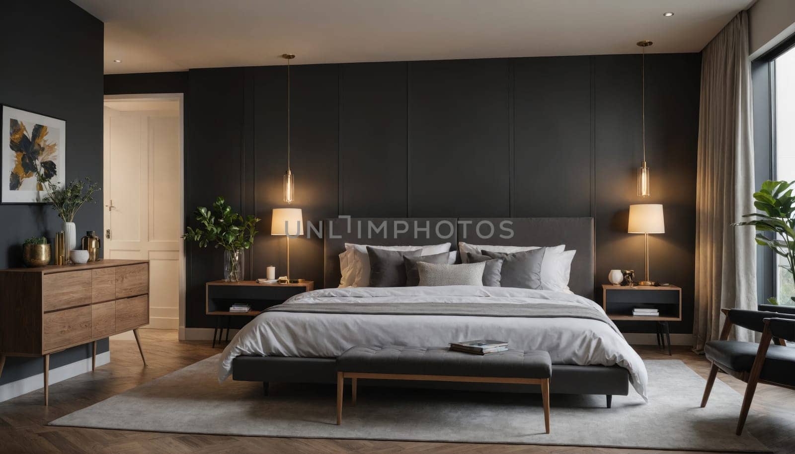 A large bed with white bedding and gray pillows sits in the center of a modern bedroom. Two nightstands with lamps are beside the bed.