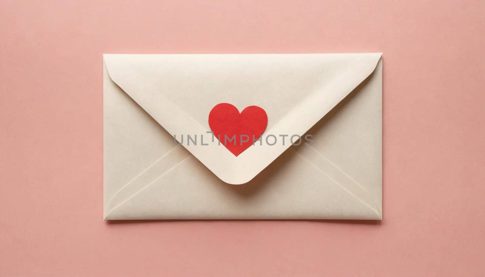 A closed white envelope with a red heart-shaped sticker is lying flat on a pink surface.