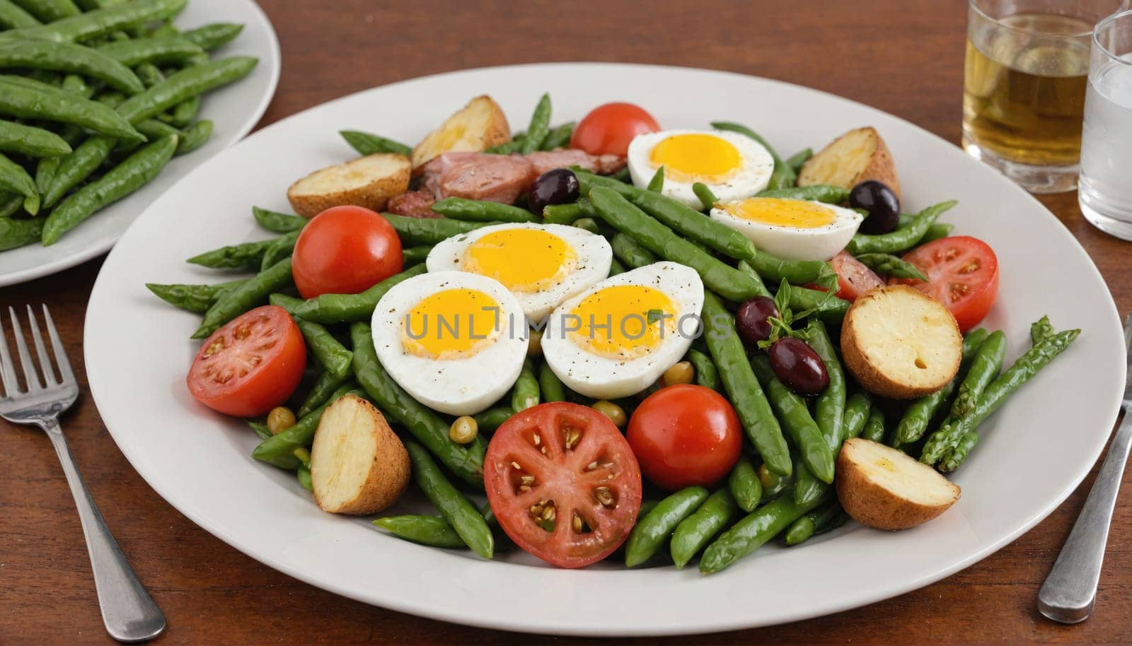 A plate of green bean salad with boiled eggs, tomatoes, and potatoes is ready to be eaten. The salad is on a wooden table next to a fork and a glass of liquid.